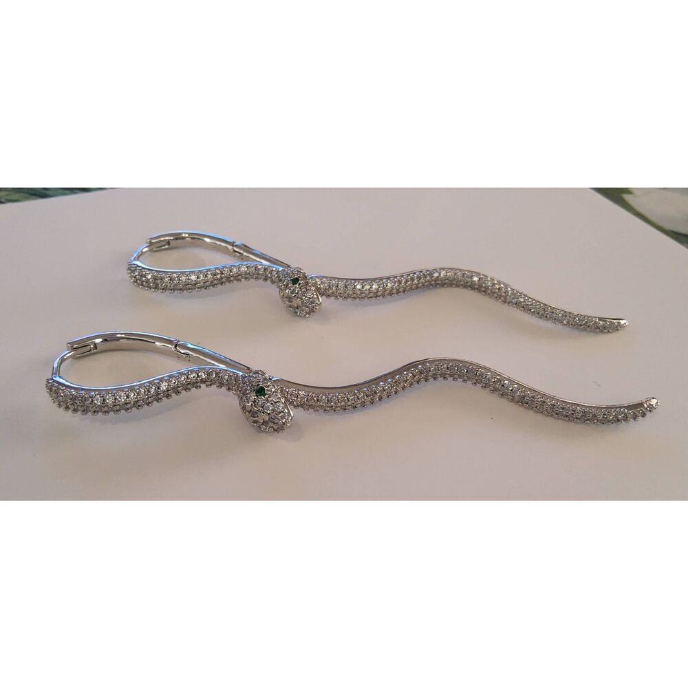 Gorgeous Silver Pave Rhinestone Emerald Eye Snake Design Long Leverback Earrings